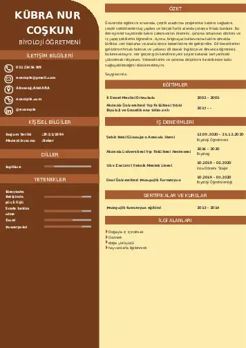 Biyoloji Öğretmeni CV Örnekleri cv indir